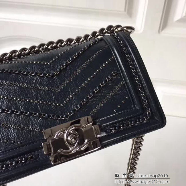 香奈兒CHANEL 藍色2018FW款皺紋小牛皮編織V線鏈條單肩斜挎包 DSC2123